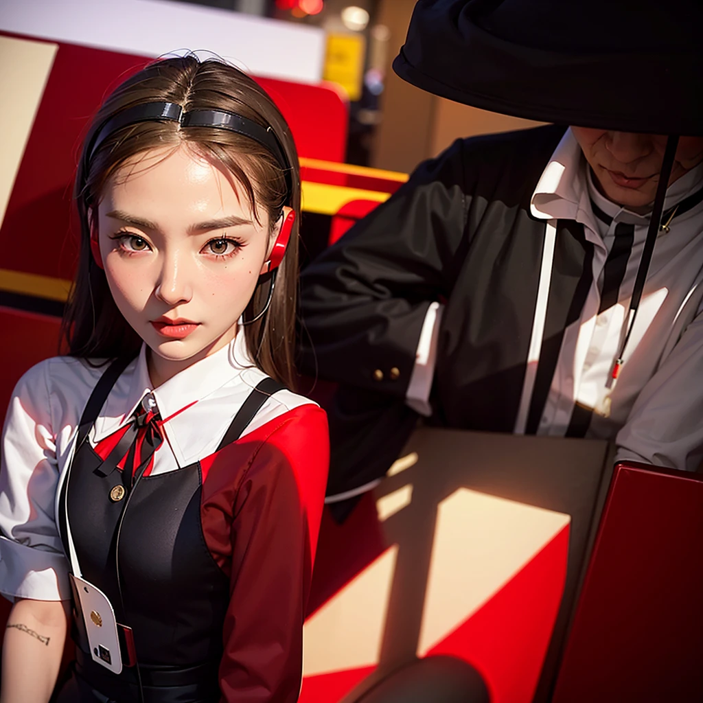 Wearing headphones, Luxury brand fashion Girl, Hans Bellmer, stand in front of a red electric supercar, Beautiful girls in sailor uniform, illustration, have a hand blaster, Korean, stand in front of a red electric car, avant garde painting, green, yellow, orange, purple, female, dark red boots, red ribbon, red brown leather clothing, ball jointed doll, black tie, red mini skirt, wearing headphones, Luxury Brand Fashion, blonde, star, Japanese, Surrealism Illustration.