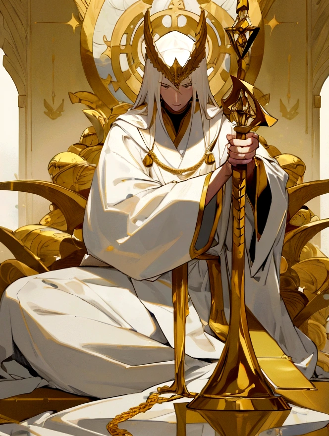 full-length, guy, scales, golden hands, white robe, gold inserts, justice