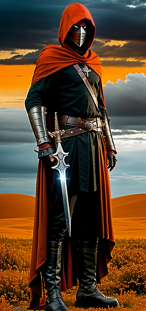 Man, thin man, warrior, with spear, with dagger, full height, armor, red short torn cloak, red hood, black trousers, boots, gauntlets, white faceless mask with black eye slots, pistol on his belt, small cross on the chest, standing in a orange desert field of swords, swords around, dark orange cloudy sky