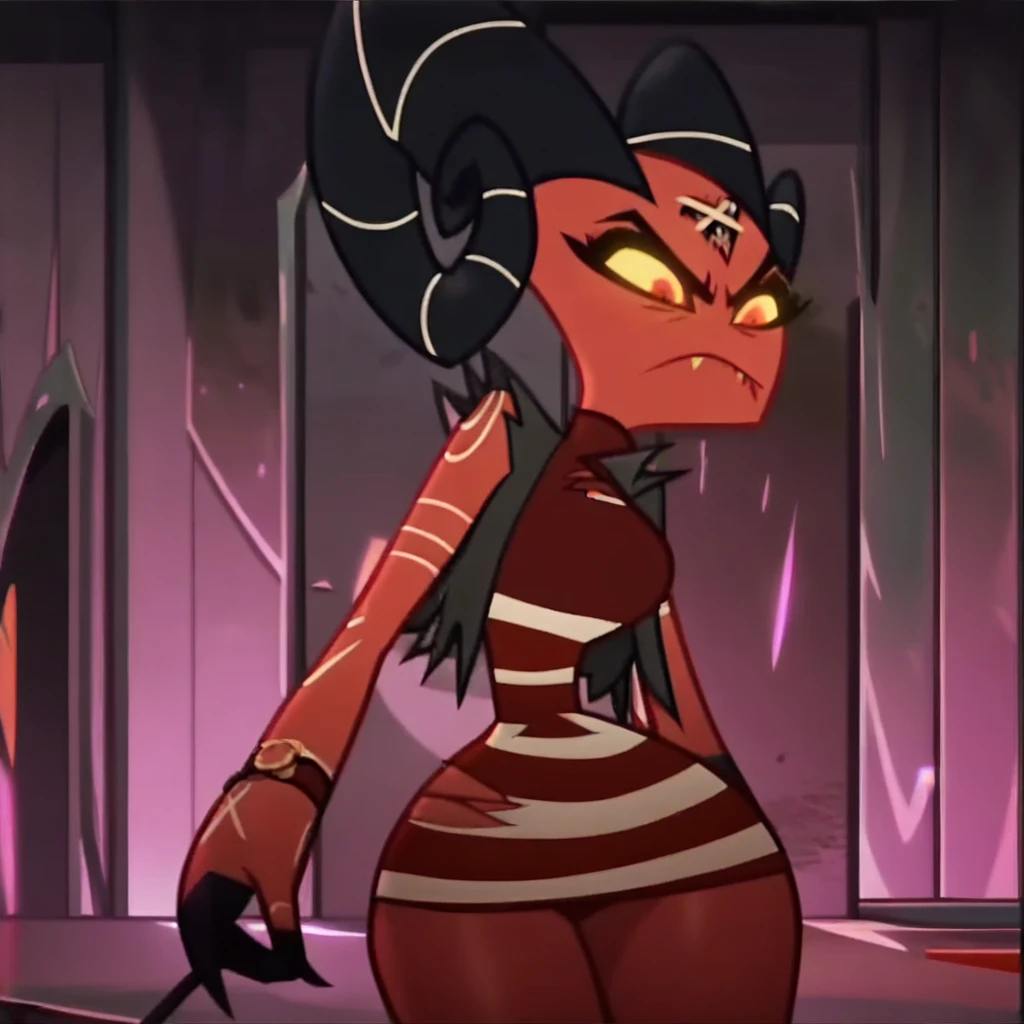 barbie wire, 1girl, demon girl, red skin, forehead tattoo, arm tattoos, horns, striped dress, leather jacket, screencap, front facing view, (curvy:2.5), closed mouth,