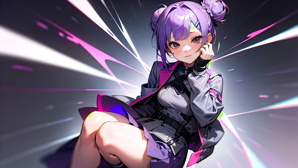 1 girl、purple short bob hair clip tied into a bun、black eyes、small breasts、uniform、gray jacket with pink line、blue skirt、 fingerless gloves、thighs、Ilcha fousing on her, surprise face, having her hands on her face, making cute expressing face. picture pose