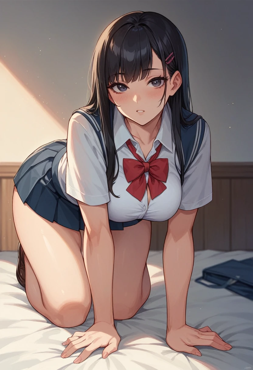 ((sexy girl ,school uniform)) ,nsfw, glamorous, voluptuous, curvy, black hair,on all fours