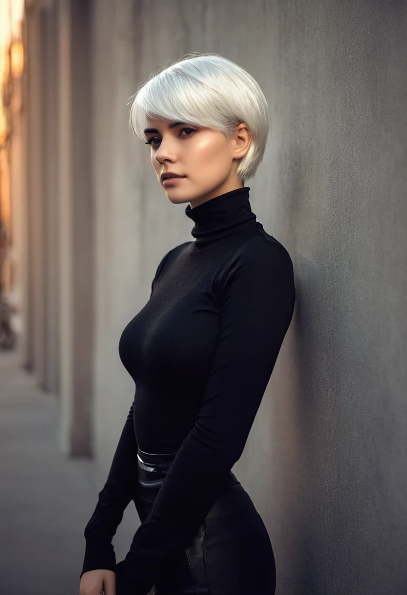 Blonde woman with short hair leaning against a wall wearing a black turtleneck top, portrait, Girl with short white hair, epic and elegant portrait, inspired by Elsa Bleda, Blonde girl, CGS society portrait, featured on cgsociety, at the golden hour, the cyberpunk girl portrait, alena aenami style, yelena belova, high definition cg society, photography