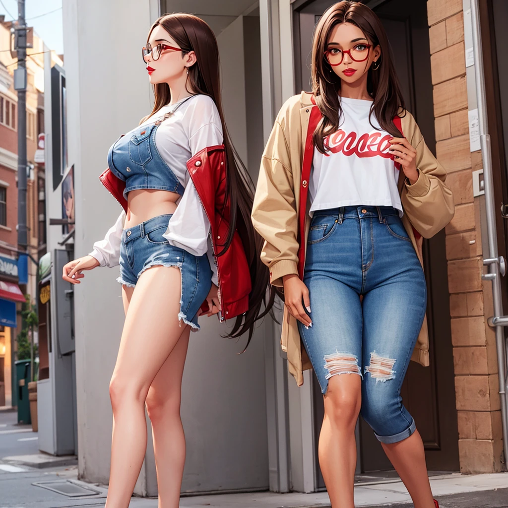 Brown hair, light skin, blue cropped shorts, jeans, round glasses, red lipstick