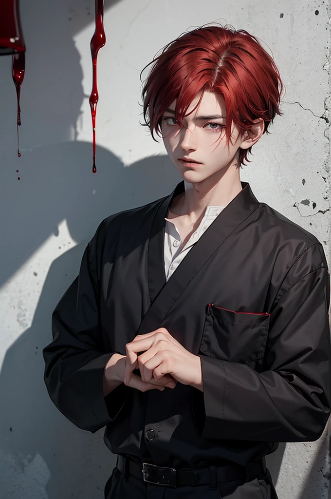 Young boy with handsome face, short red hair, Japanese haircut, gray eyes, long eyelashes, black collar, Japanese boy outfit, behind broken glass, red liquid, sad expression, ultra-detailed, in shadow, scar, alone, demon shadow looming on wall.