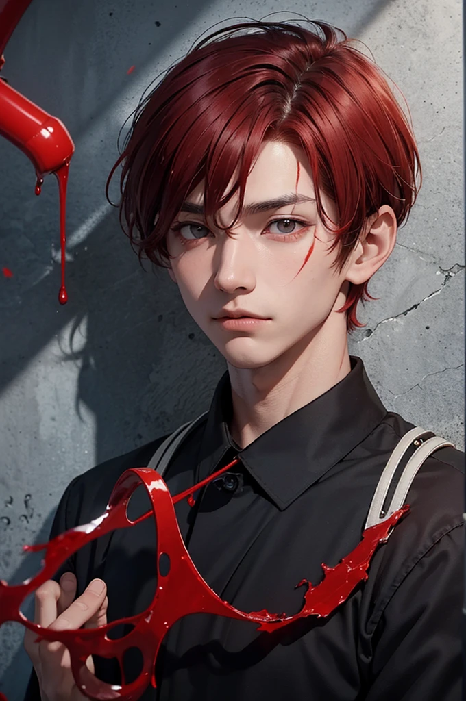 Young boy with handsome face, short red hair, Japanese haircut, gray eyes, long eyelashes, black collar, Japanese schoolboy outfit, behind broken glass, red liquid, sad expression, ultra-detailed, in shadow, scar, alone, demon shadow looming on wall.