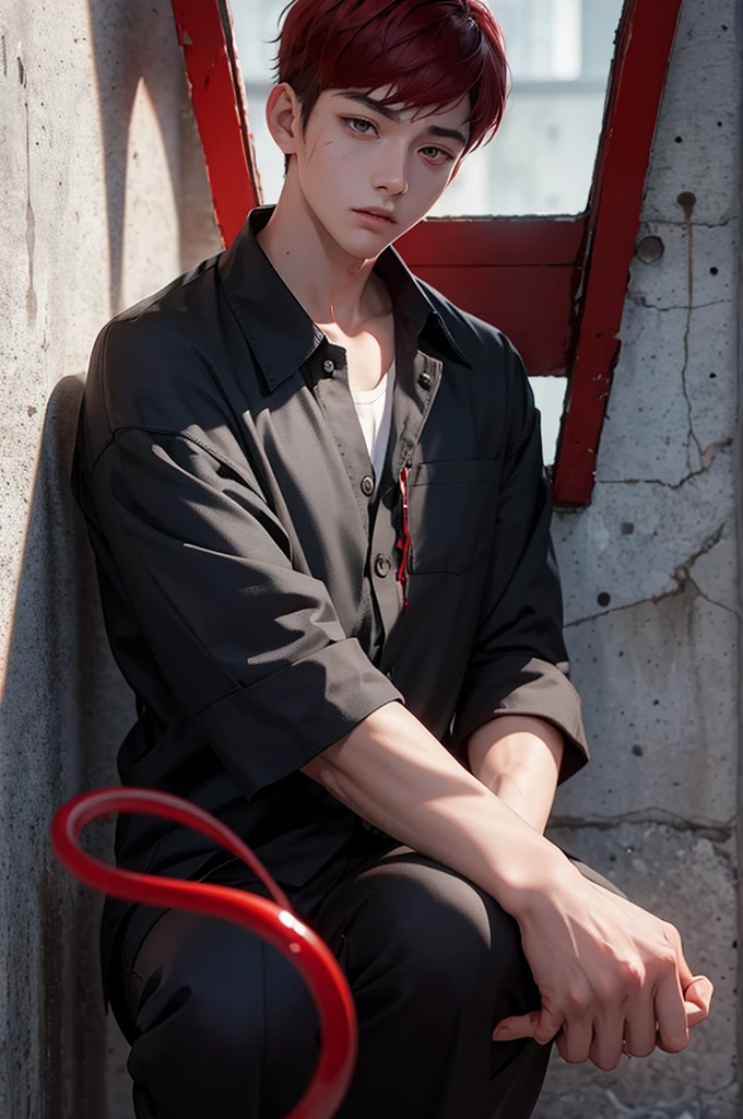 Young boy with handsome face, short red hair, Japanese haircut, gray eyes, long eyelashes, black collar, Japanese schoolboy outfit, behind broken glass, red liquid, sad expression, ultra-detailed, in shadow, scar, alone, demon shadow looming on wall.