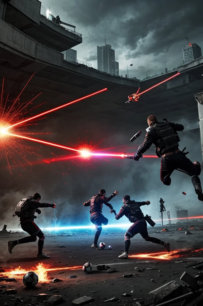Futuristic soccer players fighting in an apocalyptic world with laser weapons