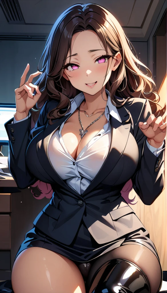 (highest quality:1.2,evil lady,cg, Very detailed, High Detail, digital coloring, High Contrast, masterpiece:1.2,suits, highest quality, Best aesthetics), 8k,masterpiece, cute,tall,beautiful,best quality, 1lady,brown hair,long hair,wavy hair,empty eyes, (finely detailed glowing eyes and detailed face),,,,extremely detailed cg unity 8k wallpaper,solo,(latex military costume:0.9),large breasts,seductive smile,,latex thighhigh,large breasts,black hair,pink eyes,no jacket,formal shirts,thighhigh,,enamel suits,grossy lips,sitting,tight skirt,sadistic smile,,heel,shiny skin,tight skirt,detailed face,beautiful body,,adult,,show me breasts,sadistic,seductive smile,business suits,latex,no tie,bust shot,((Blowjob Gestures:1.5)),open mouth,necklace,office room