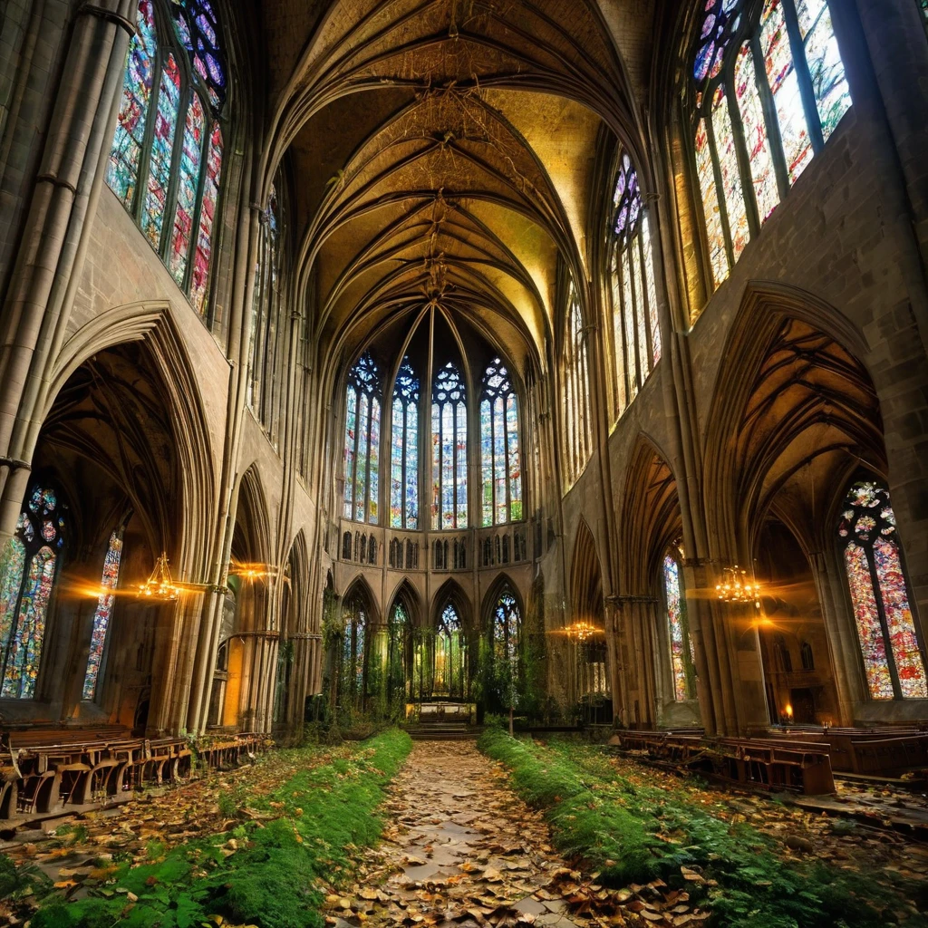 scenario: A majestic gothic cathedral, abandoned for years, with nature invading architecture. The large stained glass windows are broken in some spots, allowing vines and climbing plants to enter the interior. The stone walls are covered in moss and vegetation, and some parts of the ceiling collapsed, letting in rays of natural light. The central nave is partially covered by fallen leaves and debris., creating an atmosphere of abandonment and mystery. The room is illuminated by the soft light of dawn, highlighting the decadent beauty and harmony between the Gothic structure and the invasive nature. Camera: Low angle panoramic view, capturing the grandeur of the cathedral&#39;s facade and part of the interior invaded by vegetation. Soft natural early morning lighting, emphasizing the vibrant colors of the moss and plants, as well as the Gothic architectural details of the cathedral. (真实感, Canon Eos 300mm Film, wide angle lens)