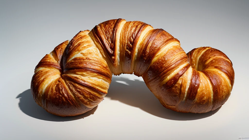 Create a hyper-realistic image of a dragon made from a croissant, on white background