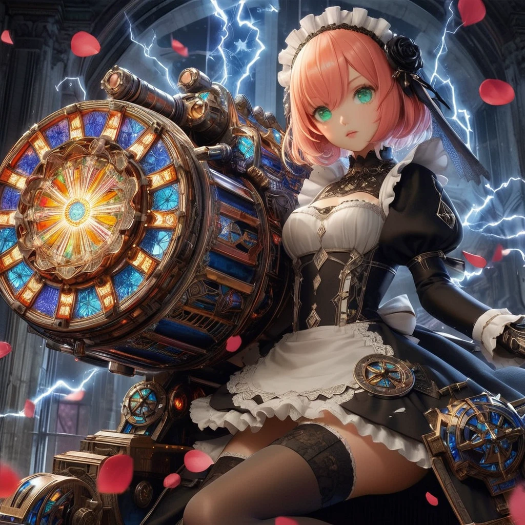 High-resolution rendering、Pink-haired, green-eyed black maid with a giant volt cannon、A gigantic Volt Cannon that is significantly larger than her head.、Detailed Vault Cannon、Blue and orange volt cannon。The Vault Cannon is engraved with intricate geometric stained glass patterns.、Shooting lightning。She points the Volt Cannon at the viewer.。Full Body Shot。In the background, it is pitch black with ruins.、The falling rose petals create a fantastic atmosphere.。An anime with delicate lines drawn using soft brushstrokes like watercolorultiple cels are layered to create the texture of ink.。Quality depicted through pinpoint detail。Full Body Shot