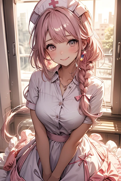 1girl, solo, long hair, breasts, looking at viewer, blush, smile, bangs, hat, dress, bow, holding, closed mouth, pink hair, braid, short sleeves, hair bow, sidelocks, indoors, pink eyes, twin braids, window, letterboxed, pink dress, nurse cap, nurse pink lips,