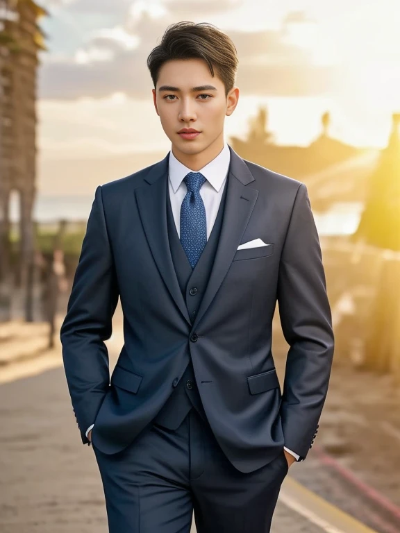 An Araf man stands on the beach with the sunset in the background.., portait photo Profile pictureture, Profile picture, Cleans the wide surface of the face., cute young man, headshot Profile pictureture, handsome man, Handsome and charming, Very charming and beautiful, Close-up of a Southeast Asian man with a round face.., black eyes, staring at the viewer, morning sun, ((face details)), Double eyelids, realistic, Masterpiece, Highest quality, lens flare, shade, [[Chromatic aberration, digital painting, 8K, 45,000,000,000 pixels,, t-shirt, short hair, black eyes,abdominal muscles, The body is beautiful and strong..,, (digital painting, HDR, high contrast