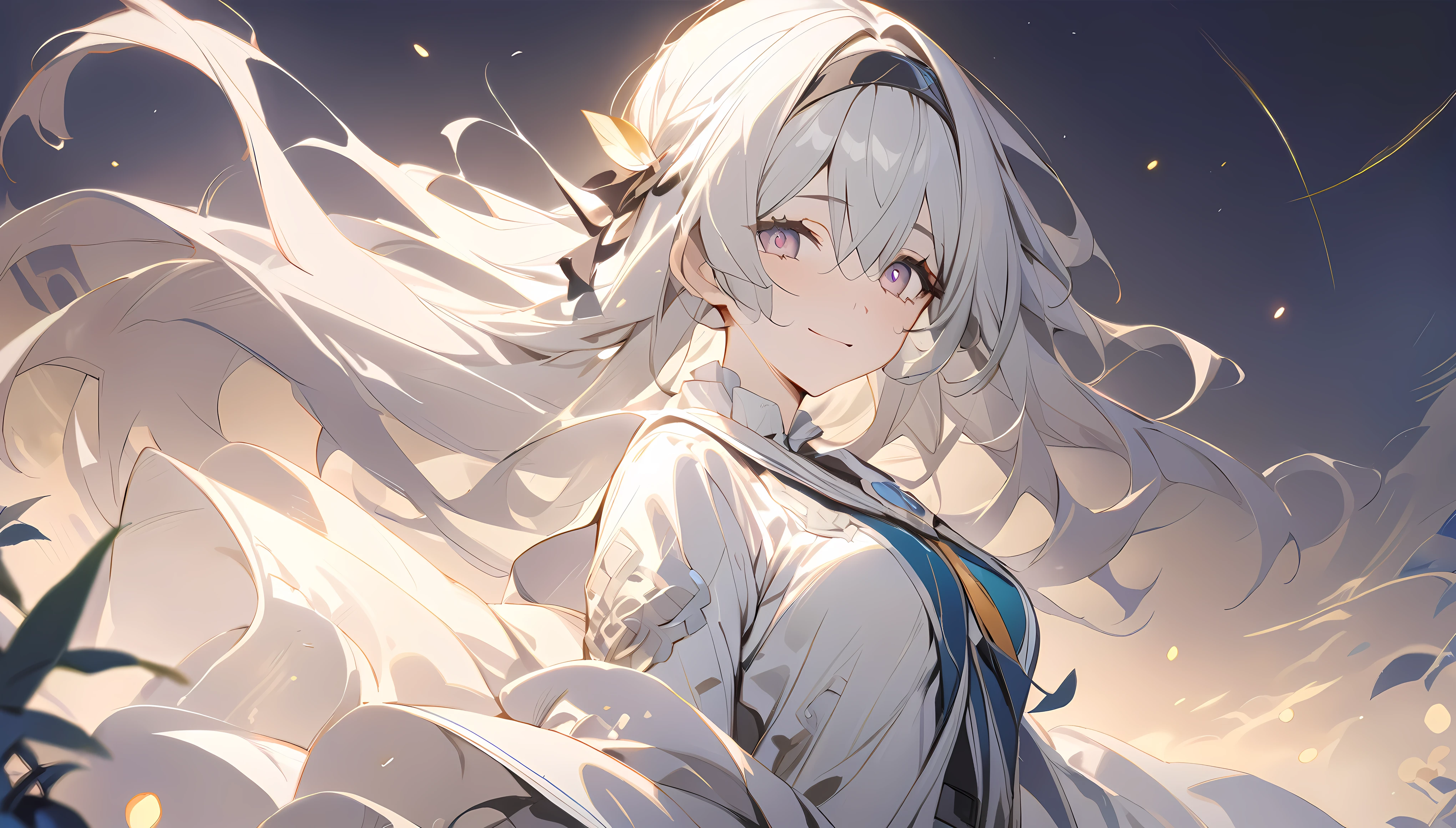 (best quality:1.3), (masterpiece:1.3), (illustration:1.3), (Extremely detailed:1.3), firefly \(Collapse: Star Trails\), 1 Girl, Solitary, Long hair, Bangs, skirt, Long sleeve, Hair accessories, Silver hair, Black hair band, Medium breasts, Hair between the eyes,Lakeside at night,Bright light,smiling