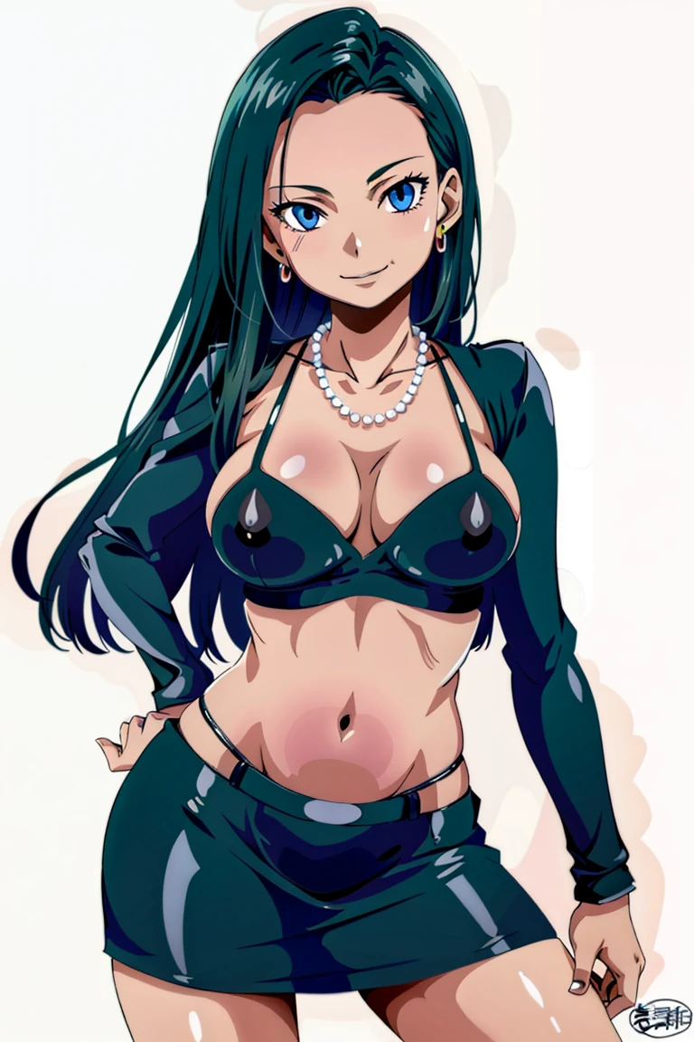 masterpiece, High resolution, Highest quality, Absurd, formal, One girl, alone, Long Hair, (Prostitute costume), White background, Bodycon, Micro Dress,, necklace, Earrings, belly button, Face Focus, Wicked Smile, Saggy breasts, Black nipples,Shiny skin,Anime cel style