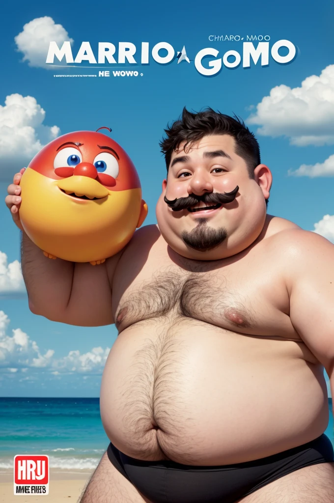 A photo of a fat man, shorth hair, parallel curta, black eye, wearing no shirt, Grinning, small mustache, Pixar-style, written on the cover: "Mario games".