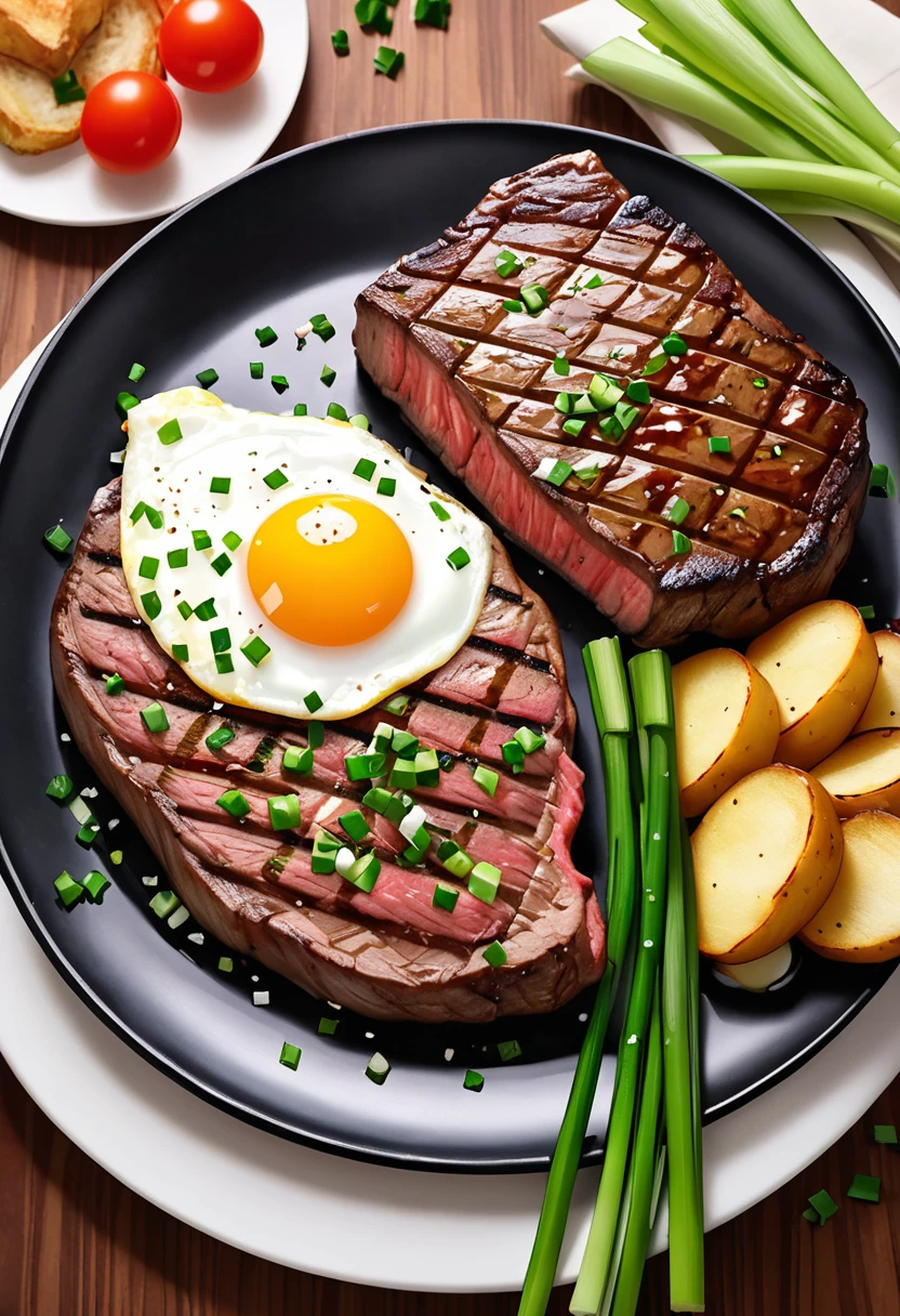 
(Cowboy Shot), SFW, (Tabletop), (Highest quality:1.0), (Ultra-high resolution:1.0), Detailed Eyebreaking Ton Rack Lock , suit, formal, Tuxedo, tie, Adjusted Tiebreaker , Nice views、Please draw the illustration of the following description in the style of a photograph.
 This photograph shows a sumptuous breakfast of exquisite steak and fried eggs.

 - A thin slice of juicy, savory grilled steak is served as the main course, perfectly cooked and beautifully browned.
 - On top of it are two fried eggs cooked to the perfect degree of melted yolk, which is very appetizing to the eye.
 - Underneath the steak and fried egg is a generous layer of hunky fried potatoes and tomatoes with the perfect balance of sweet and sour flavors.
 - Finely chopped fresh green onions are sprinkled throughout the dish, adding to the color and flavor.
 - The dishes are presented boldly on a griddle, and just by looking at them, one can almost smell the hot, savory aroma wafting through the air.

 All in all, a sumptuous and hearty dish that is sure to provide the perfect satisfaction for breakfast or lunch.