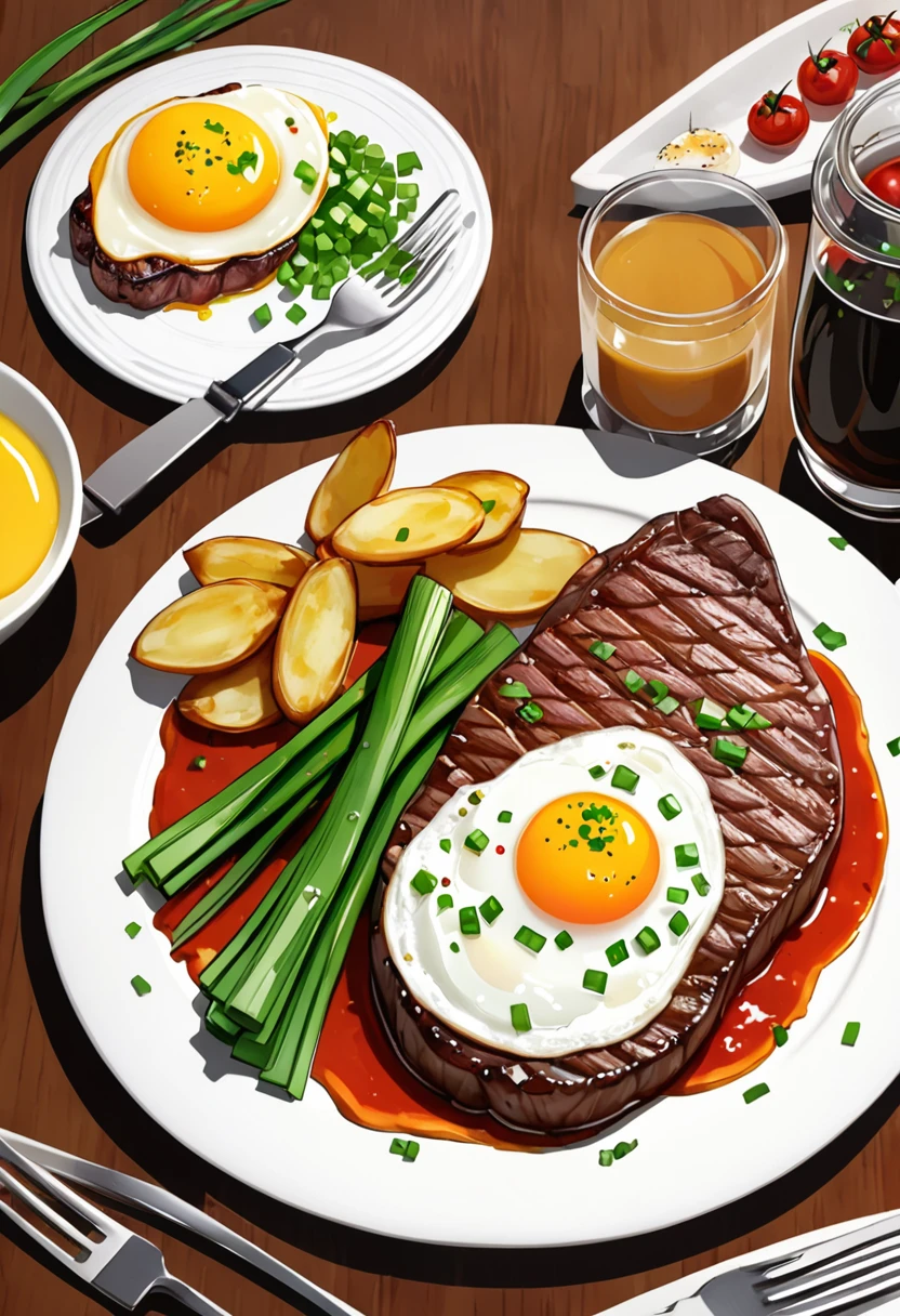 
(Cowboy Shot), SFW, (Tabletop), (Highest quality:1.0), (Ultra-high resolution:1.0), Detailed Eyebreaking Ton Rack Lock , suit, formal, Tuxedo, tie, Adjusted Tiebreaker , Nice views、Please draw the illustration of the following description in the style of a photograph.
 This photograph shows a sumptuous breakfast of exquisite steak and fried eggs.

 - A thin slice of juicy, savory grilled steak is served as the main course, perfectly cooked and beautifully browned.
 - On top of it are two fried eggs cooked to the perfect degree of melted yolk, which is very appetizing to the eye.
 - Underneath the steak and fried egg is a generous layer of hunky fried potatoes and tomatoes with the perfect balance of sweet and sour flavors.
 - Finely chopped fresh green onions are sprinkled throughout the dish, adding to the color and flavor.
 - The dishes are presented boldly on a griddle, and just by looking at them, one can almost smell the hot, savory aroma wafting through the air.

 All in all, a sumptuous and hearty dish that is sure to provide the perfect satisfaction for breakfast or lunch.