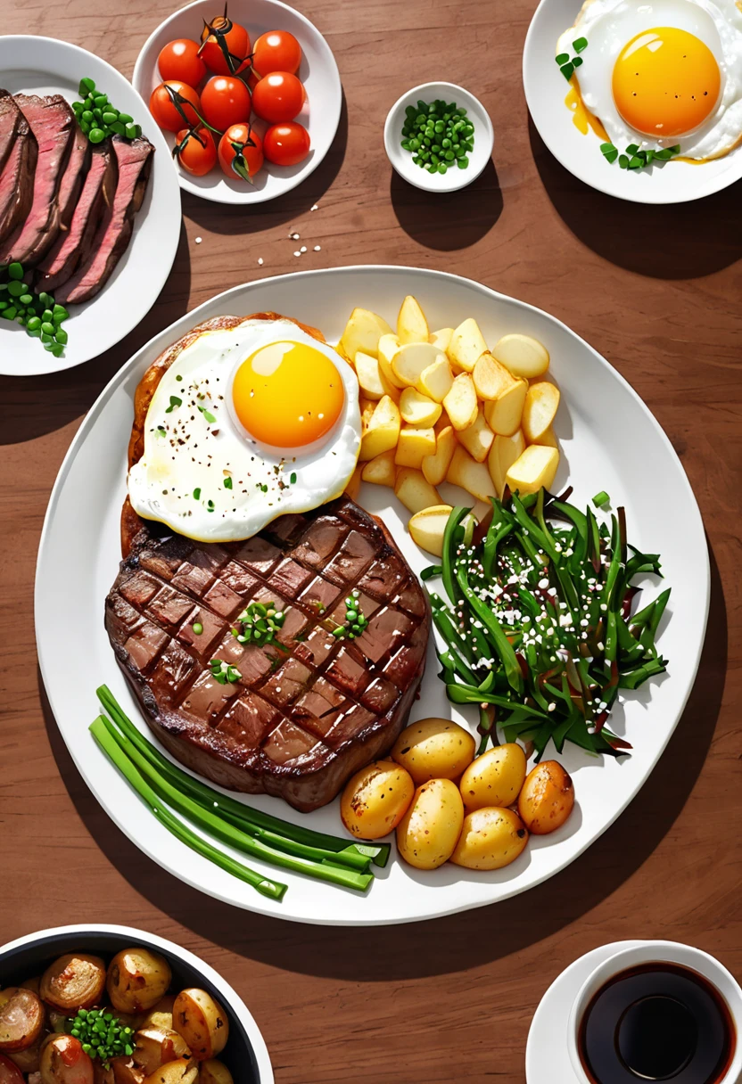 (Cowboy Shot), SFW, (Tabletop), (Highest quality:1.0), (Ultra-high resolution:1.0), Detailed Eyebreaking Ton Rack Lock , suit, formal, Tuxedo, tie, Adjusted Tiebreaker , Nice views、Please draw the illustration of the following description in the style of a photograph.
This photograph shows a sumptuous breakfast of exquisite steak and fried eggs.
- A thin slice of juicy, savory grilled steak is served as the main course, perfectly cooked and beautifully browned.
- On top of it are two fried eggs cooked to the perfect degree of melted yolk, which is very appetizing to the eye.
- Underneath the steak and fried egg is a generous layer of hunky fried potatoes and tomatoes with the perfect balance of sweet and sour flavors.
- Finely chopped fresh green onions are sprinkled throughout the dish, adding to the color and flavor.
- The dishes are presented boldly on a griddle, and just by looking at them, one can almost smell the hot, savory aroma wafting through the air.
All in all, a sumptuous and hearty dish that is sure to provide the perfect satisfaction for breakfast or lunch.