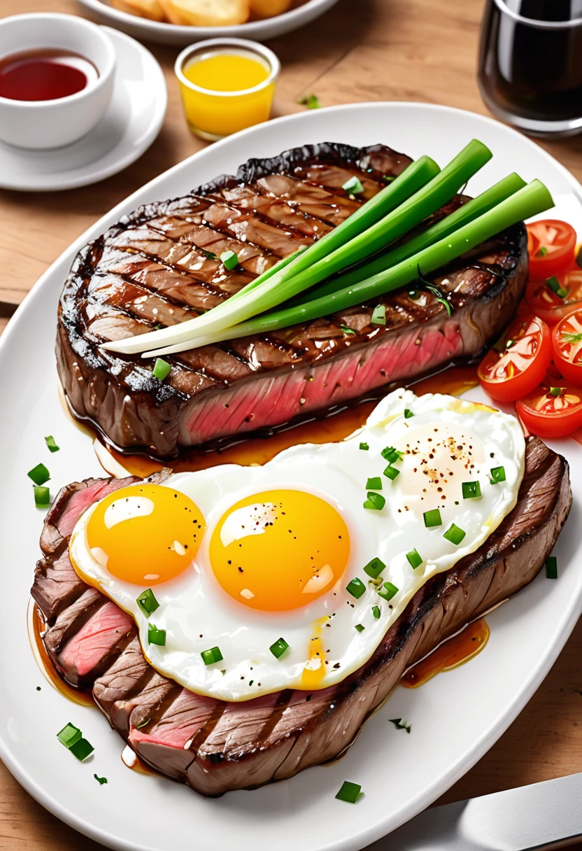 (Cowboy Shot), SFW, (Tabletop), (Highest quality:1.0), (Ultra-high resolution:1.0), Detailed Eyebreaking Ton Rack Lock , suit, formal, Tuxedo, tie, Adjusted Tiebreaker , Nice views、Please draw the illustration of the following description in the style of a photograph.
This photograph shows a sumptuous breakfast of exquisite steak and fried eggs.
- A thin slice of juicy, savory grilled steak is served as the main course, perfectly cooked and beautifully browned.
- On top of it are two fried eggs cooked to the perfect degree of melted yolk, which is very appetizing to the eye.
- Underneath the steak and fried egg is a generous layer of hunky fried potatoes and tomatoes with the perfect balance of sweet and sour flavors.
- Finely chopped fresh green onions are sprinkled throughout the dish, adding to the color and flavor.
- The dishes are presented boldly on a griddle, and just by looking at them, one can almost smell the hot, savory aroma wafting through the air.
All in all, a sumptuous and hearty dish that is sure to provide the perfect satisfaction for breakfast or lunch.