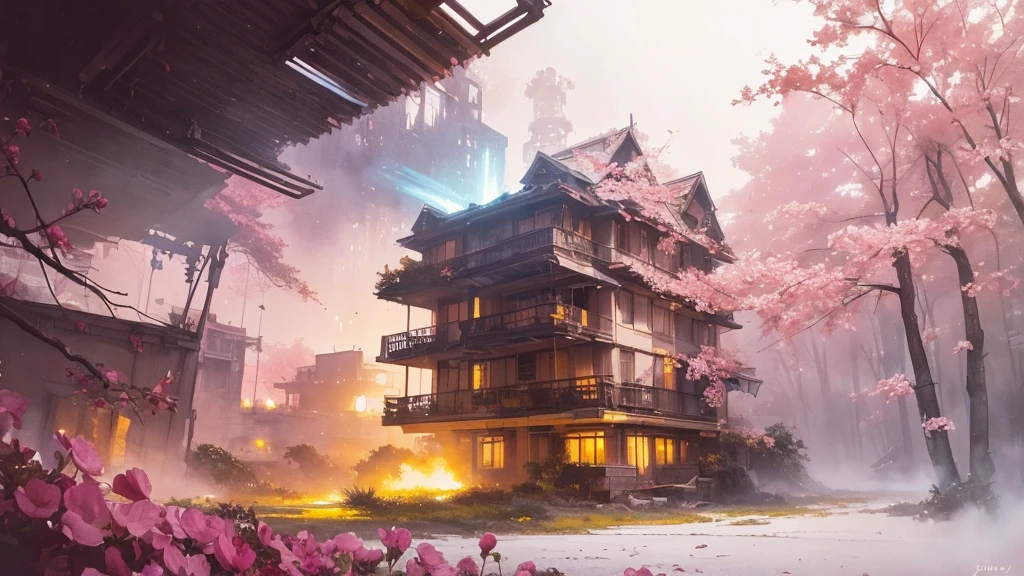 32k, Masterpiece, Highest quality, One girl, Brown Hair, Detailed eyes, flower,sweet pea, Pink and yellow style,A dreamy, romantic piece,Pale pink, Mysterious Leaves,A playful arrangement,Fantasy,High Contrast,Ink strokes,explosion,Exposure, Impression of pink and yellow tones,Abstract,((Watercolours by John Berkey and Jeremy Mann )) Brush strokes,Negative Space, Tyndall effect, White background