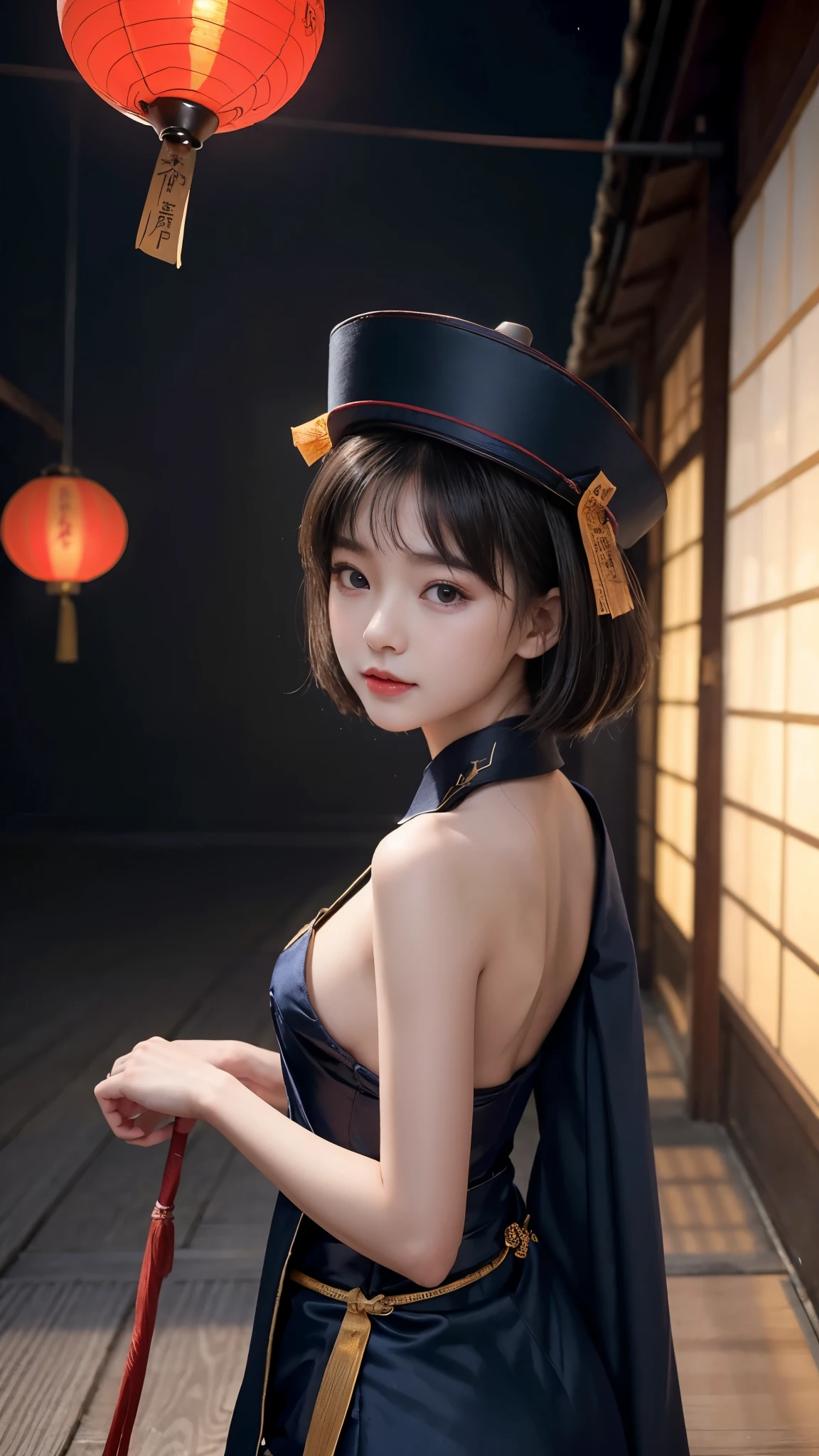 (Highest quality, 8K, masterpiece:1.2), Reality:1.4, One girl,alone, Black Hair, Slender body, Small and slender figure, Underbust, Beautiful breasts, Small beautiful butt, Thin thighs, Have, Light_smile, (Ofuda), China dress, Arms crossed, whole body, Outdoor, Hanging lanterns, night, Higashi Setuna, ((Detailed eyes and face:1.2, Professional photography techniques)), ((Baby-faced beautiful girl:1.2, Cute face))