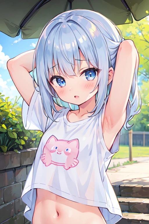 (best quality, masterpiece:1.2), ultra detailed, extremely detailed eyes and face, natural skin texture, detailed skin, natural lighting,
chibi, 1 girl, 12-years-old, (cute),
silver hair, middle hair, straight hair, shiny hair,
blue eyes,
flat chest,
bike shorts, t-shirt, t-shirt lift, bare nipple,
BREAK (orgasm face, aroused, blush:1.2),
BREAK (upper body:1.2), arms behind head, nsfw,