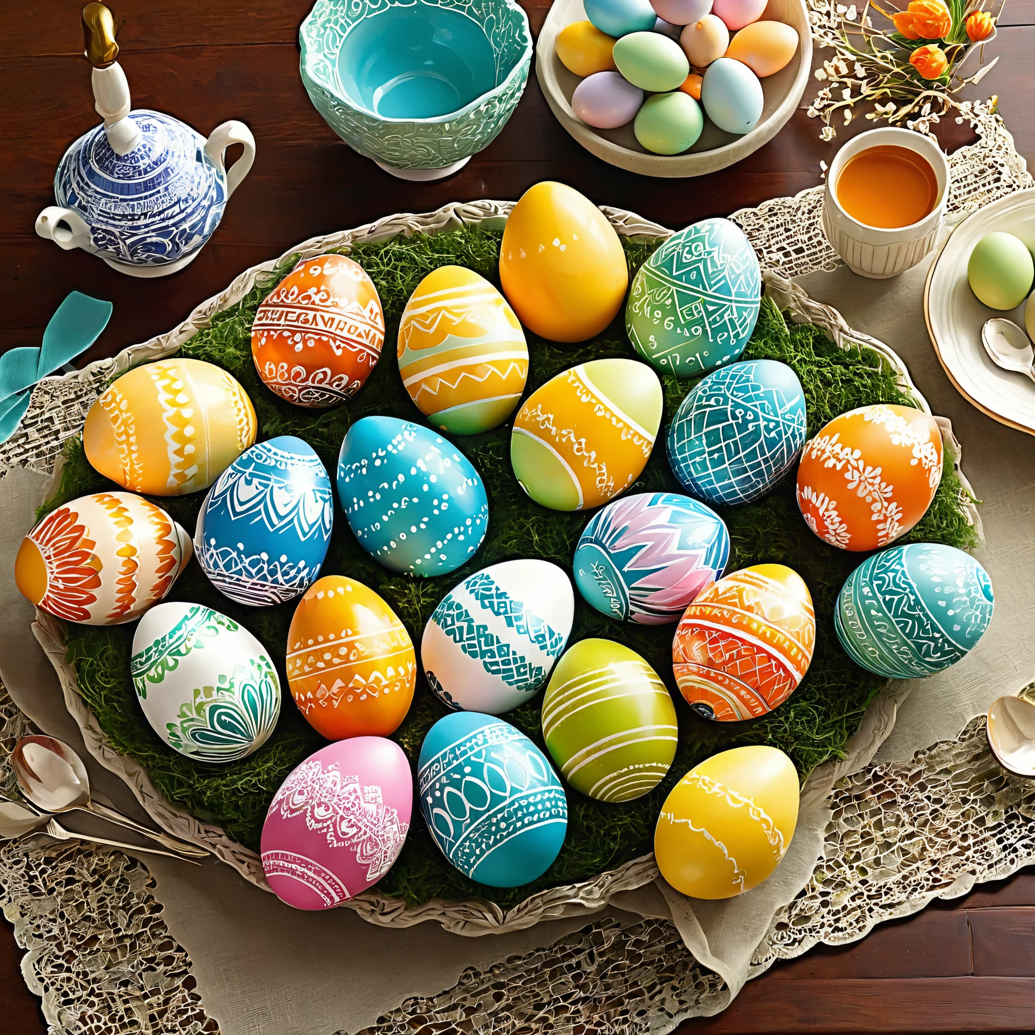 Illustrate a cozy family gathering around a table, decorating Easter eggs with intricate patterns and vibrant colors.