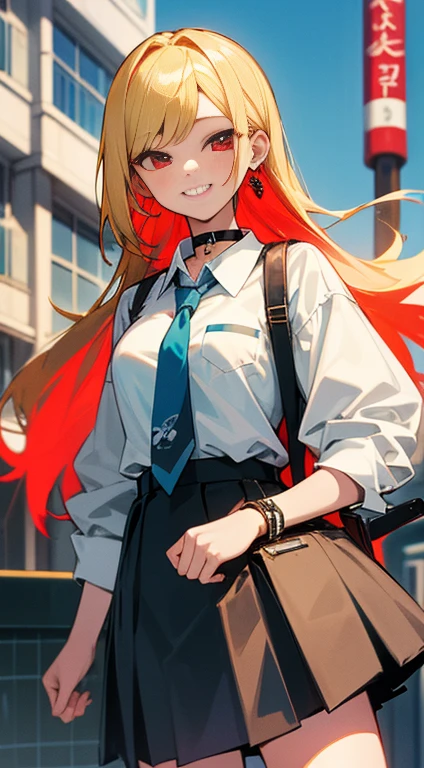 masterpiece, Highest quality, High resolution, Kitagawa Marine, One girl, Blonde, Long Hair, Multicolored Hair, Red eyes, jewelry, Earrings, Earrings, , White shirt, tie shirt, Black Choker, Blue tie, Checked skirt, Grin, smile, Are standing, Cowboy Shot, Outdoor,