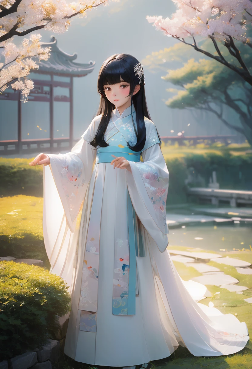 whole body、forward leaning posture、Two Girls、chinese dresses、China dress、Hanfu Dress、Wearing a white princess dress、Blonde girl、A surprisingly young and mysterious person、Soft and fantastic lighting、Soft lighting、Subtle, soft, hazy lighting、 Large Breasts、（Adolescent girls）、A small smile、White dress with detailed embellishments、Lots of frills、 Ruffled long sleeves、White lace cape、Beautiful gentle eyes、（Beautiful and fine face）、Beautiful very long black hair、blunt bangs、Nice hands、Perfect hands、（Palace Garden）