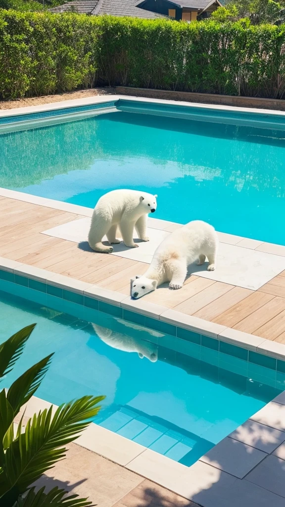 A white polar bear and a fat brown cat，Enjoy the sun by the pool，Relax，Lying on a surfboard。They are clear and transparent、In the clear blue swimming pool，Playing with a giant ball。This scene is not only warm and lovely，Simple design，It's a sight to love