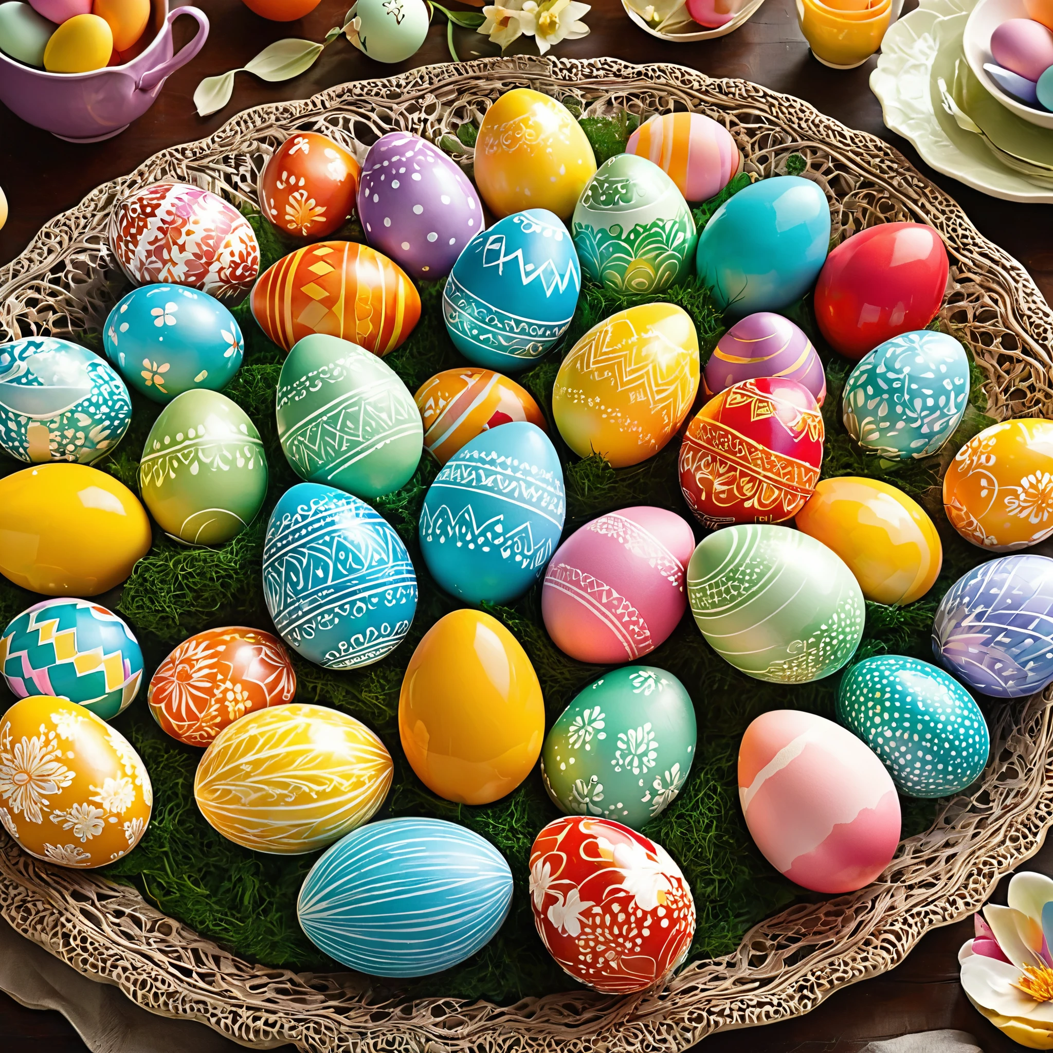 Illustrate a cozy family gathering around a table, decorating Easter eggs with intricate patterns and vibrant colors.