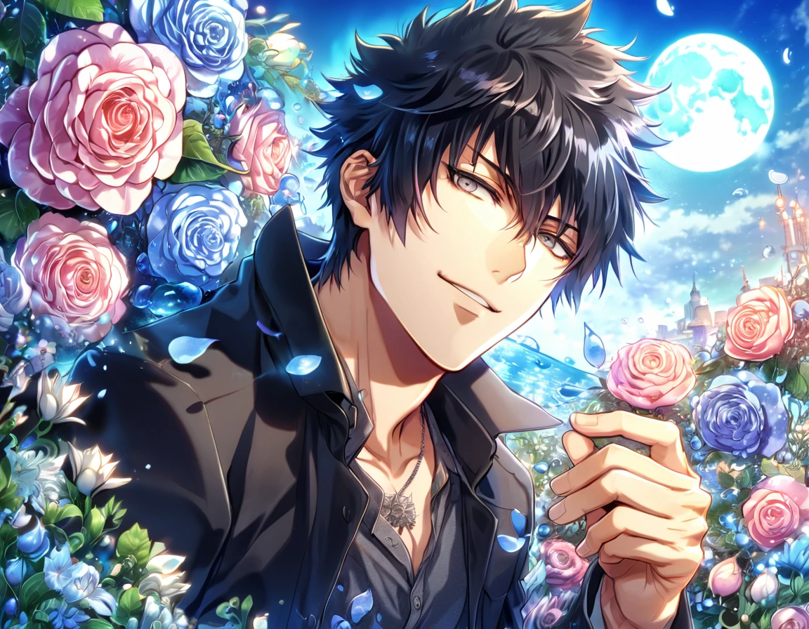 absurdres, highres, ultra detailed, HDR, master piece, Kougami Shinya, black hair, expressive grey eyes, black shirt, black jacket, Psycho Pass, sexy man, handsome, best quality, blue moon, flowers, fantasy, magical, solo, water, blue shining fireflies, blue petals, handsome smile,