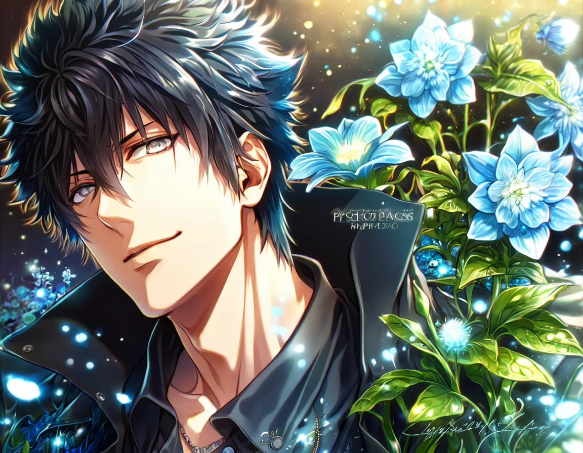 absurdres, highres, ultra detailed, HDR, master piece, Kougami Shinya, black hair, expressive grey eyes, black shirt, black jacket, Psycho Pass, sexy man, handsome, best quality, blue moon, flowers, fantasy, magical, solo, water, blue shining fireflies, blue petals, handsome smile,