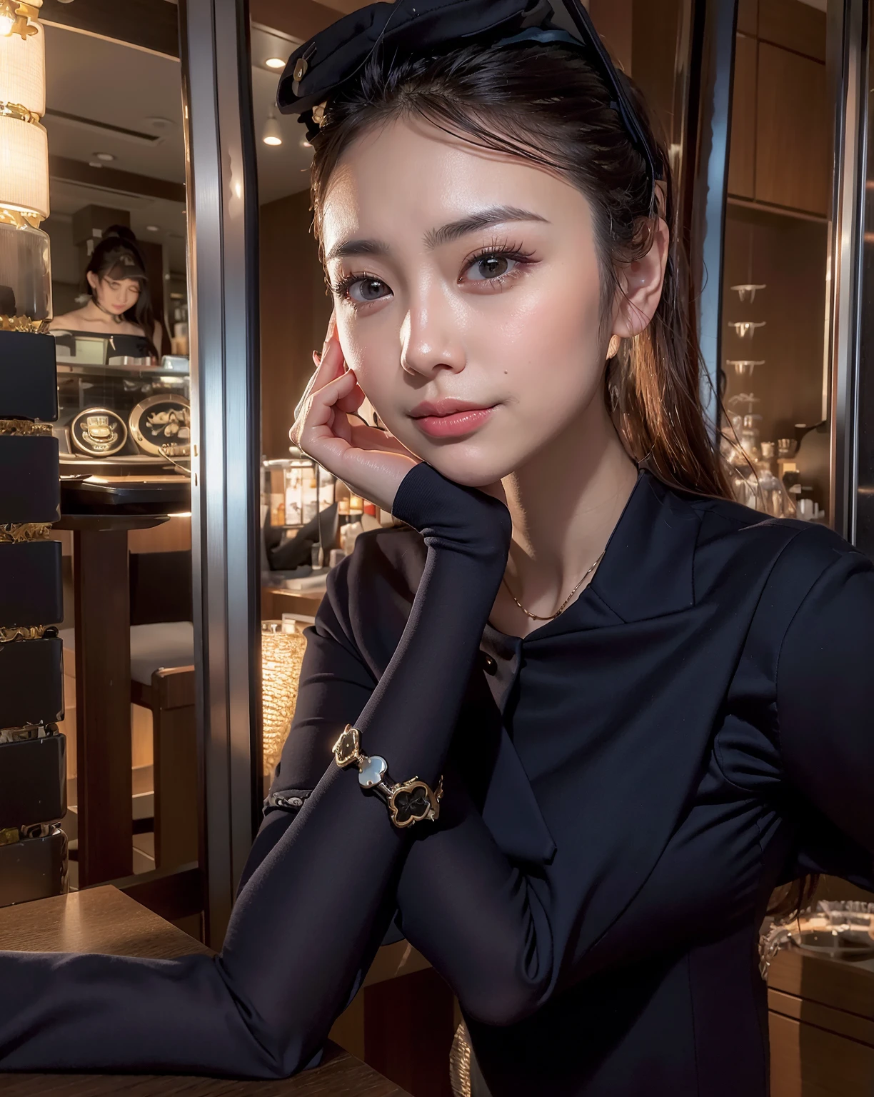 Tabletop, Highest quality, figure, Super detailed, In detail, High resolution, 8k wallpaper, Perfect dynamic composition, Beautiful attention to detail, Wearing a navy business suit、A woman with a wrist watch on her wrist is sitting at a table,  Navy christened business suit、Gorgeous young Japanese woman, Beautiful young Japanese woman, Young and pretty Asian face, Beautiful Japanese Women, Artgram Faces, Girl cute beautiful face, 8K Selfie, Beautiful Japan girl face, TWICE&#39;s Tzuyu、In a fashionable café