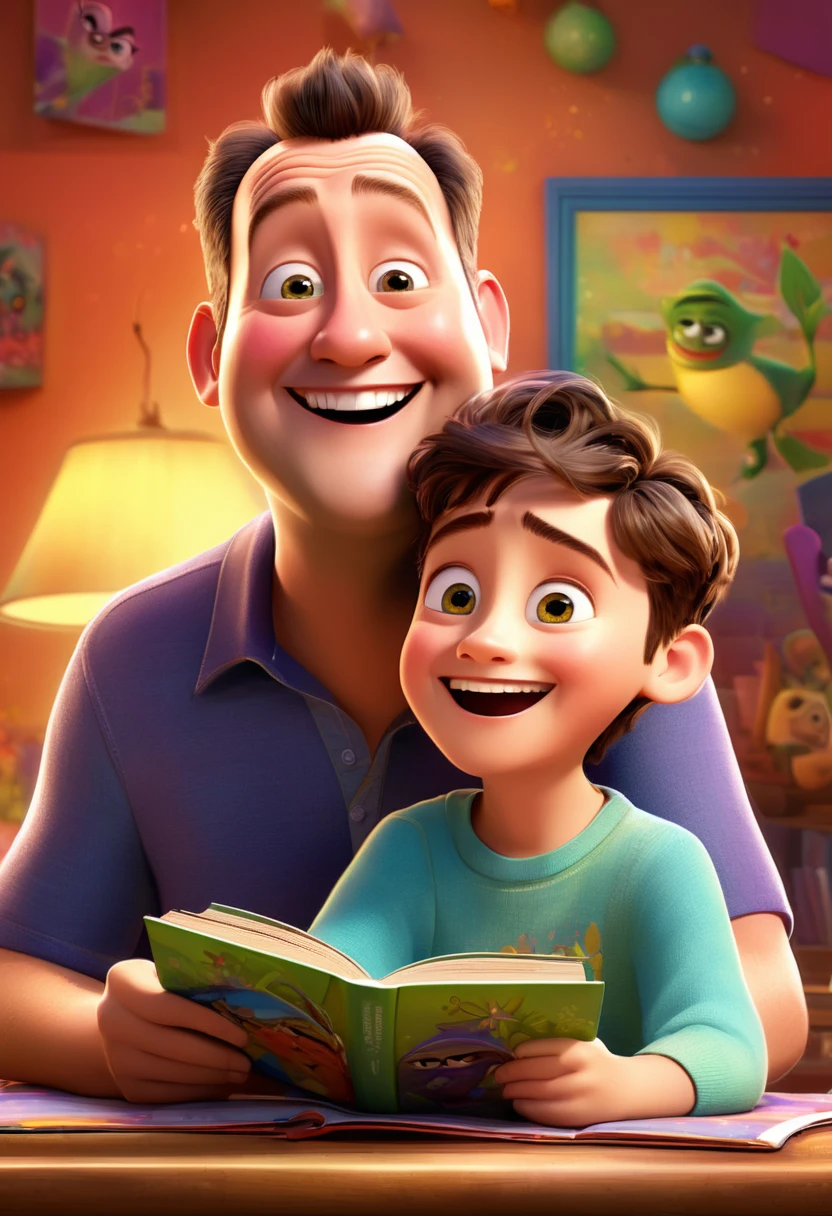 (wide range:1.2),(bright and vibrant colors), (high resolution), (realisitic:1.37), Disney Pixar Movie Poster, (arte de Kevin James), skinny, no muscle, (55 year old man and his son),father and son, (beautiful detailed eyes:1.1), (beautiful detailed lips:1.1), smiling with a warm expression, (charming appearance:1.1), (professional lighting), (ultra-thin rendering), upper-body shot, (expressive facial features:1.1), reading a book to her son, (reading carefully:1.1), surrounded by magical elements representing different Pixar films, (dynamic composition), (whimsical details), (playful characters), vibrant background, full of color and joy, (3D rendering), (fantastic art style), (nostalgic aesthetic), (Attention to the details:1.1).
