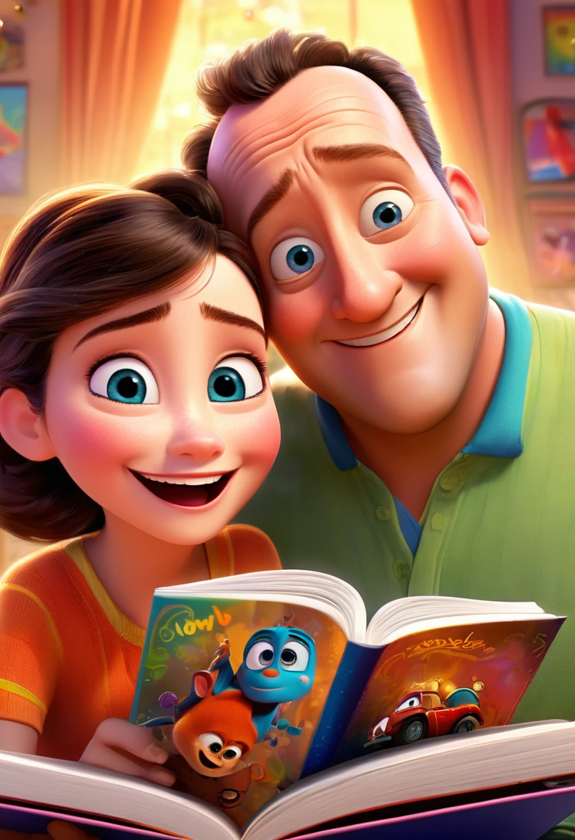 (wide range:1.2),(bright and vibrant colors), (high resolution), (realisitic:1.37), Disney Pixar Movie Poster, (arte de Kevin James), skinny, no muscle, (55 year old man and his son),father and son, (beautiful detailed eyes:1.1), (beautiful detailed lips:1.1), smiling with a warm expression, (charming appearance:1.1), (professional lighting), (ultra-thin rendering), upper-body shot, (expressive facial features:1.1), reading a book to her son, (reading carefully:1.1), surrounded by magical elements representing different Pixar films, (dynamic composition), (whimsical details), (playful characters), vibrant background, full of color and joy, (3D rendering), (fantastic art style), (nostalgic aesthetic), (Attention to the details:1.1).
