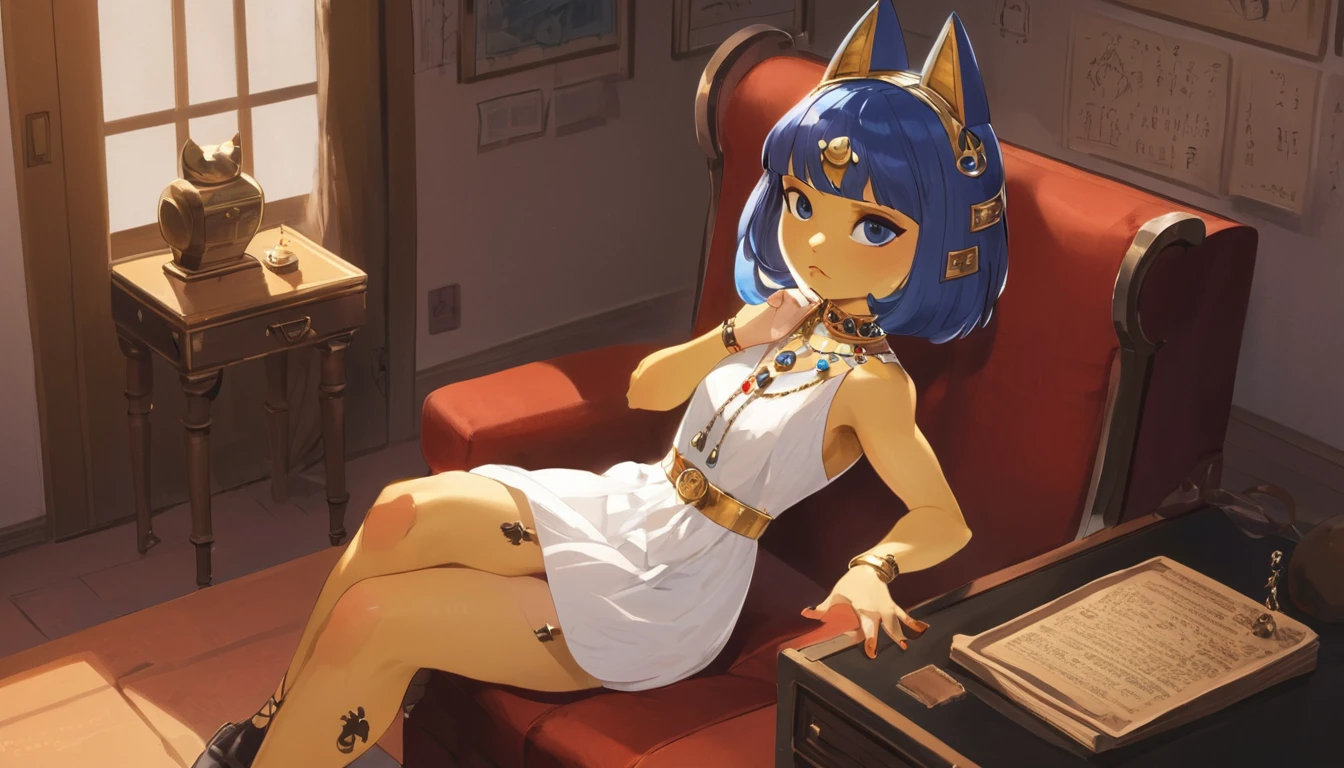 Eye, Animal Crossing Muscle, hairy, Blue Hair, Hair accessories, Yellow skin, 黑Eye, White Dress, Tail, Looking at the audience, Serious, Cross your legs, from_below, His sofa, Inside the living room, Hieroglyphics, high quality, masterpiece, 1 Girl，Cat ears，Dark skin tone，clothing，earrings，Jackal ears，Jewelry，Long hair, White Dress, Sit at your desk, She wrote a heartfelt letter, Her expression is both nostalgic and wistful, Dramatic Lighting, Detailed background, masterpiece, best quality, high quality, absurd, The award-winning, professional, Very detailed