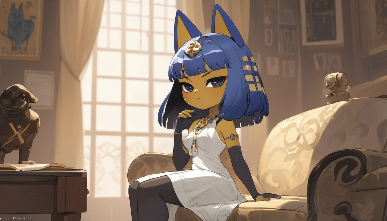 Eye, Animal Crossing Muscle, hairy, Blue Hair, Hair accessories, Yellow skin, 黑Eye, White Dress, Tail, Looking at the audience, Serious, Cross your legs, from_below, His sofa, Inside the living room, Hieroglyphics, high quality, masterpiece, 1 Girl，Cat ears，Dark skin tone，clothing，earrings，Jackal ears，Jewelry，Long hair, White Dress, Sit at your desk, She wrote a heartfelt letter, Her expression is both nostalgic and wistful, Dramatic Lighting, Detailed background, masterpiece, best quality, high quality, absurd, The award-winning, professional, Very detailed