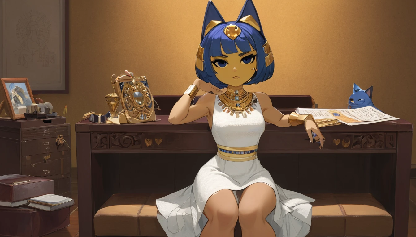 Eye, Animal Crossing Muscle, hairy, Blue Hair, Hair accessories, Yellow skin, 黑Eye, White Dress, Tail, Looking at the audience, Serious, Cross your legs, from_below, His sofa, Inside the living room, Hieroglyphics, high quality, masterpiece, 1 Girl，Cat ears，Dark skin tone，clothing，earrings，Jackal ears，Jewelry，Long hair, White Dress, Sit at your desk, She wrote a heartfelt letter, Her expression is both nostalgic and wistful, Dramatic Lighting, Detailed background, masterpiece, best quality, high quality, absurd, The award-winning, professional, Very detailed