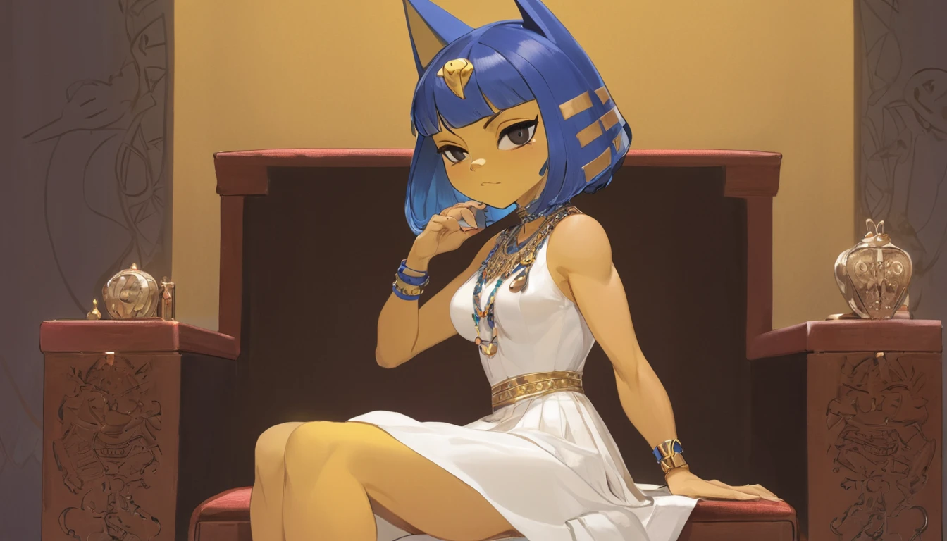 Eye, Animal Crossing Muscle, hairy, Blue Hair, Hair accessories, Yellow skin, 黑Eye, White Dress, Tail, Looking at the audience, Serious, Cross your legs, from_below, His sofa, Inside the living room, Hieroglyphics, high quality, masterpiece, 1 Girl，Cat ears，Dark skin tone，clothing，earrings，Jackal ears，Jewelry，Long hair, White Dress, Sit at your desk, She wrote a heartfelt letter, Her expression is both nostalgic and wistful, Dramatic Lighting, Detailed background, masterpiece, best quality, high quality, absurd, The award-winning, professional, Very detailed