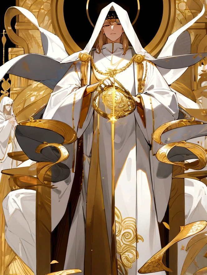 full-length, guy, scales, golden hands, white robe, gold inserts, justice