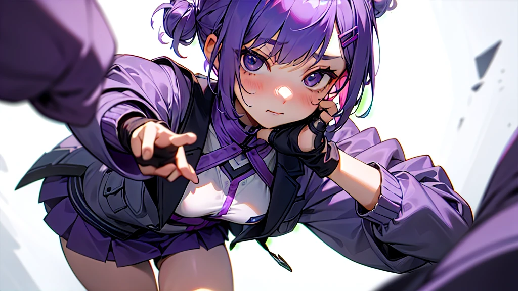 1 girl、purple short bob hair clip tied into a bun、black eyes、small breasts、uniform、gray jacket with pink line、blue skirt、 fingerless gloves、thighs、Ilcha fousing on her, surprise face, having her hands on her face, making cute expressing pose, like a picture
