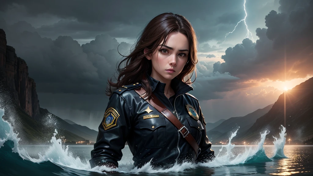 Create a 4k masterpiece, full of rich details,  The central figure in the image is a female police officer, with brown hair  ,  She wears a black police outfit with a gold badge, that represents your authority. The police officer is in the middle of a lake in a determined attitude saving a bible , which reflects his steadfast and powerful presence. The landscape in the background is a police flag and it is raining, strong storm. surreal 
