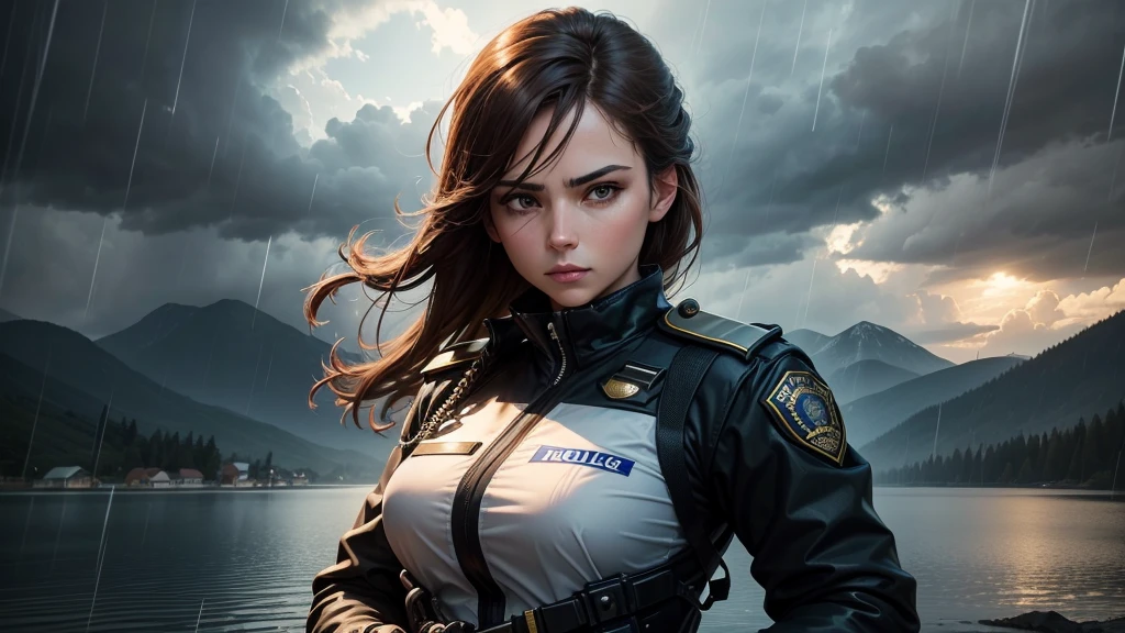 Create a 4k masterpiece, full of rich details,  The central figure in the image is a female police officer, with brown hair  ,  She wears a black police outfit with a gold badge, that represents your authority. The police officer is in the middle of a lake in a determined attitude saving a bible , which reflects his steadfast and powerful presence. The landscape in the background is a police flag and it is raining, strong storm. surreal 

