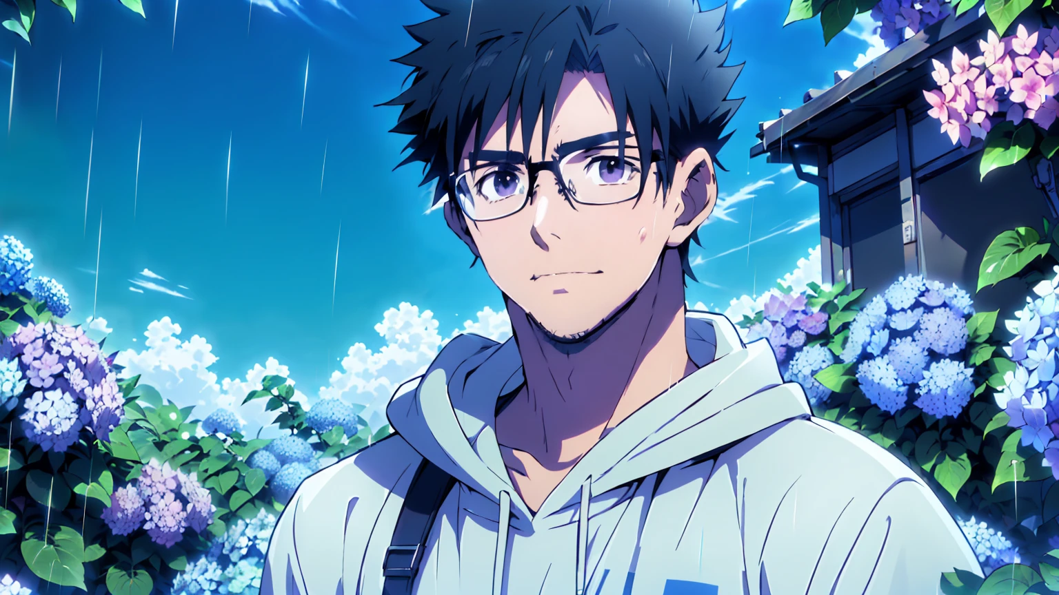 ((Highest quality)), ((masterpiece)), (detailed), Highest quality、High resolution、８K、hoodie、On the right side of the screen is an adult man.、sneakers、33 years old、Dark Eyes、Black Hair、rain、((The whole body is shown))、((空を見上げてrainを見つめている))、Standing surrounded by hydrangeas、Japanese anime-like style、超High resolutionかわいい萌えアニメ8k、handsome face manly、 Slender and muscular、Glasses