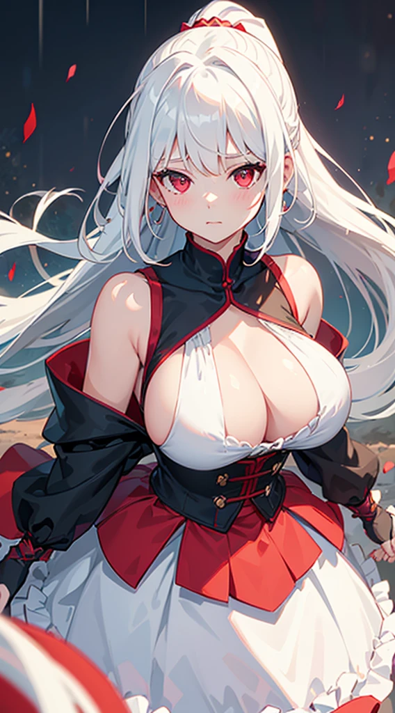 (Maximum quality)，(Depth of Field)，(whole body)，charming，Rich details，1 Girl，(White hair)，Second Dimension，Long Ponytail，Pale red eyes，Red hair accessories，sleeveless，Shoulders open，Crop Topping，sideways，[blush]，poker face，，night，rain，rainbow，(fat，Huge breasts：1.8)