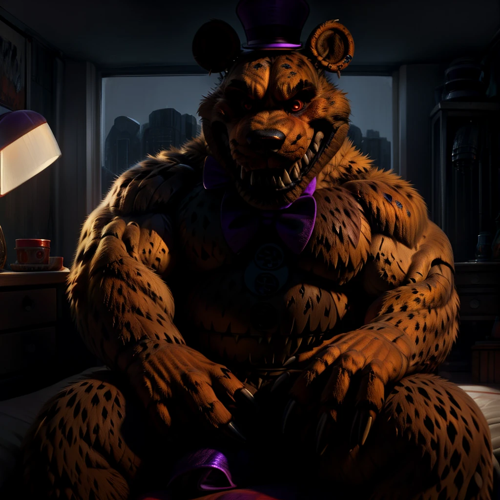 best anatomy, best quality, (by null-ghost,by darkgem,by pino daeni,by zoroj, by redrusker), (furry art, soft shading:1.1), bara, (furry fredmare,:1.1) bear, (broad shoulders, narrow waist:1.05), 5 fingers, , purple tophat, red eyes, black nose, standing in a bedroom, masterpiece, Ultra highest quality, unreal engine, trending on ArtStation, Intricate, Ultra heavy High Detail, dramatic, realism, erection, thick cock, realistic, sitting, muscle, furry, day, looking_at_viewer, Ultra heavy detailed eyes, Ultra heavy detailed body, Ultra detailed heavy face, Ultra heavy detailed cock, Ultra heavy detailed balls, expressive, masculine, purple bowtie,