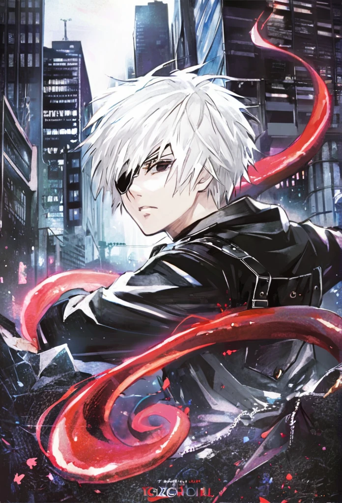 ```
ken kaneki, Tokyo Ghoul, white hair, black outfit, eyepatch, half-ghoul, serious expression, red kakugan eye, kagune tentacles, detailed face, high quality、Overall view、Uplifting、Cold-like sensation、Acrobatic、disaster々Aura、disaster々Cool atmosphere、Black Air、Overall view、Twilight、Get lost in the crowds、nightの道、Shining cityscape、night、

```